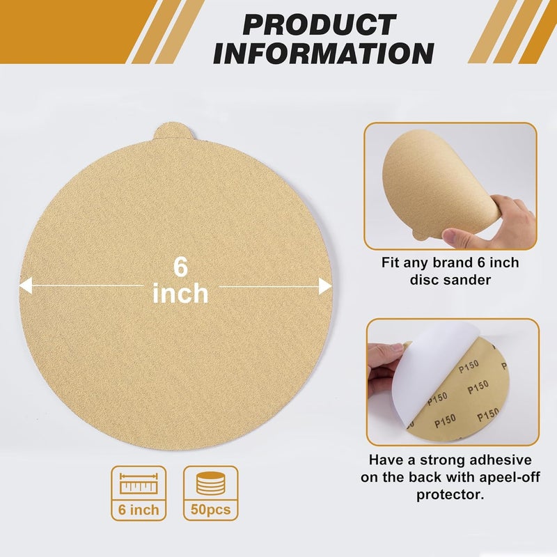 Shawya Premium 6 Inch Gold PSA Sanding Discs 150 Grit (Box of 50) Self Adhesive Stickyback Sandpaper for Easy Attachment Premium Quality Sanding Disc for Efficient Sanding Performance - Image 4